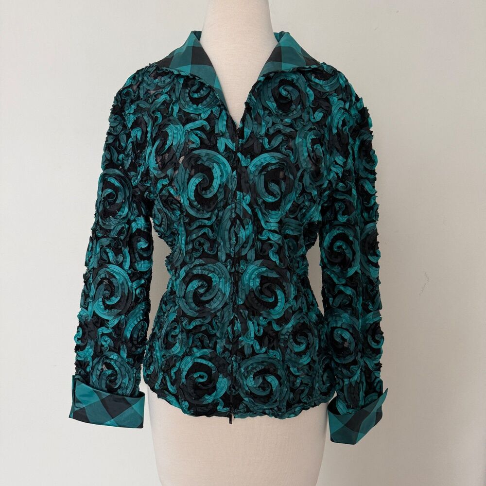 Samuel Dong Teal Black Ribbon Swirl Full Zip Sheer Avant Garde Jacket Sz XL